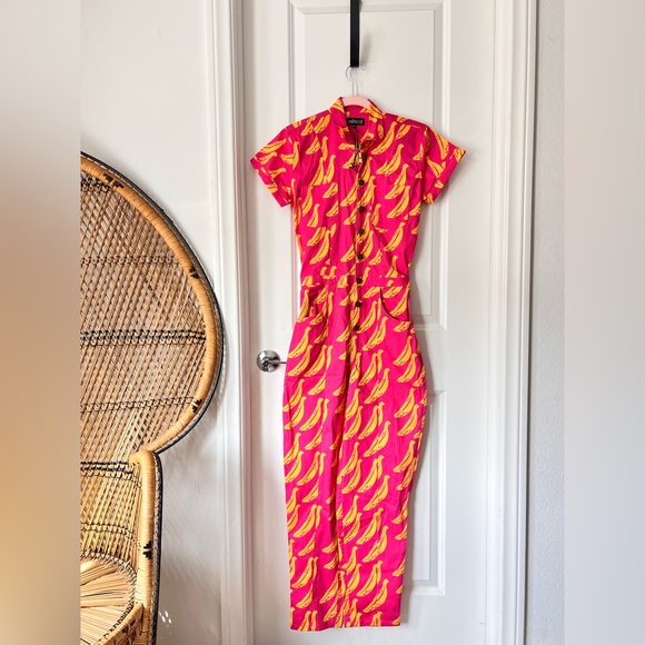 NWOT Mixed by Nasrin Pink Banana Print Jumpsuit Cotton Tall XS Tropical - Picture 2 of 8